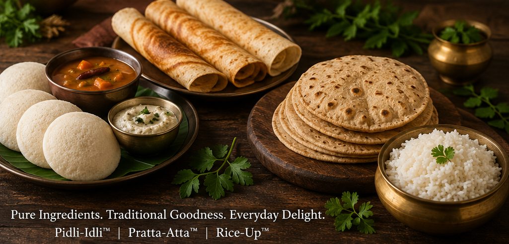 A spread of BatterUp! foods: idli with sambar and chutney, rolled dosas, chapatis and a bowl of rice