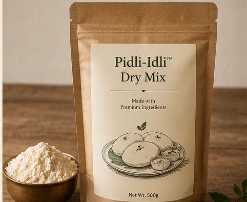 Pidli-Idli Dry Mix shelf-stable pouch with a bowl of flour