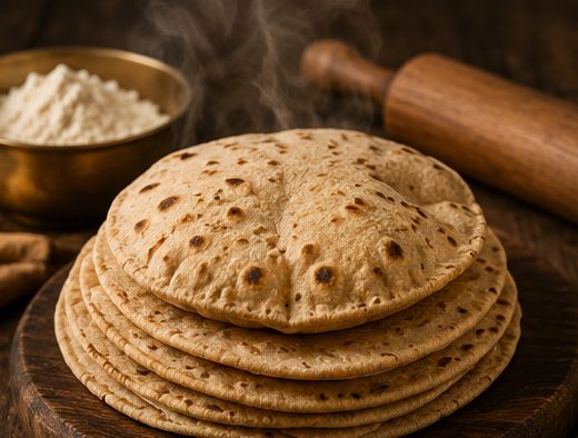 A stack of fresh chapatis made with Pratta-Atta wheat flour