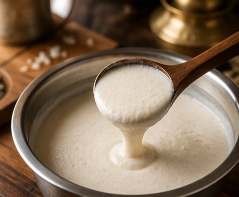 Pidli-Idli Wet Batter in a steel bowl with a wooden ladle